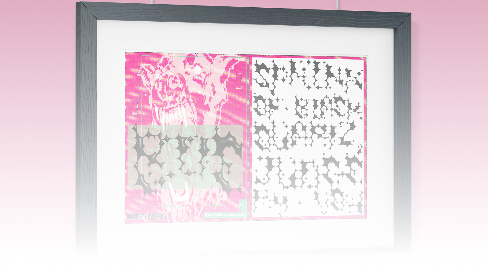 A mockup with a typeface specimen and pink background and black frame.